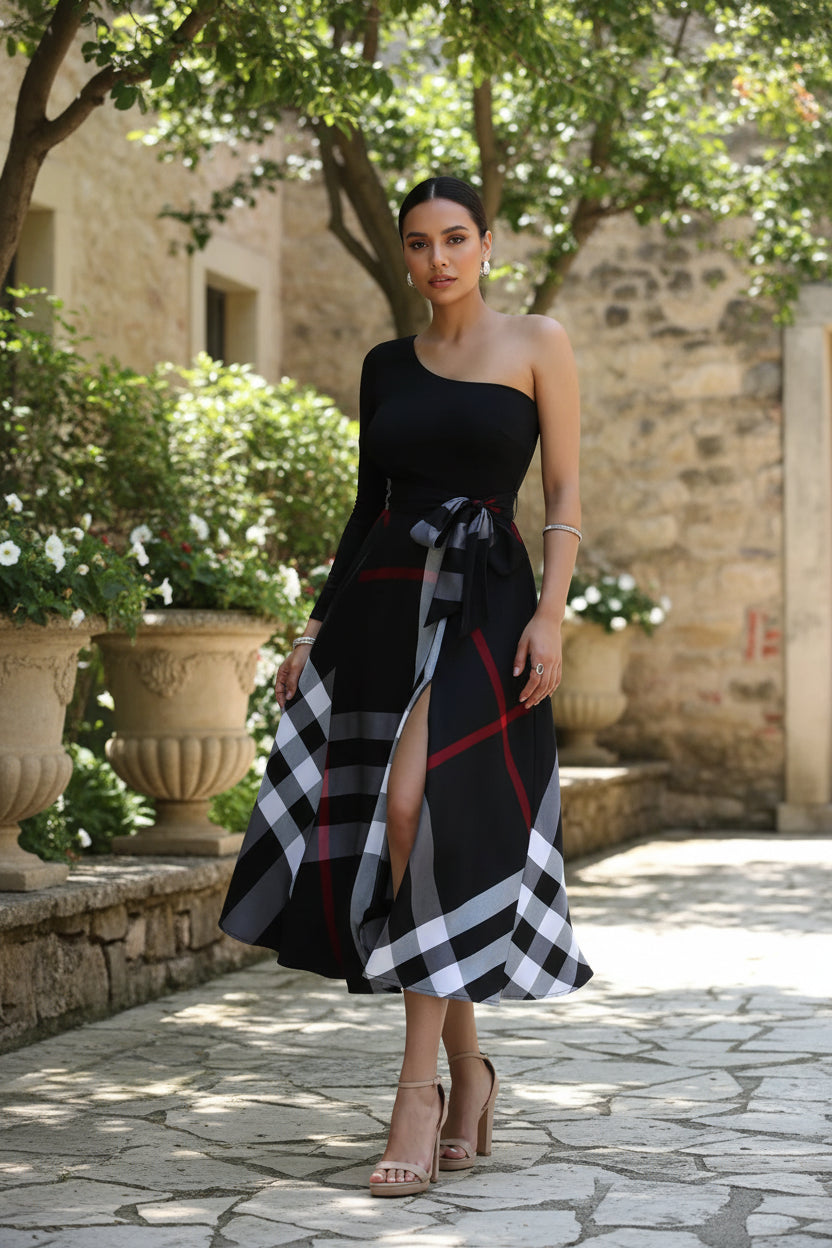 Asymmetrical One-Sleeve Plaid Midi Dress with Waist Tie – Layaa Bloom
