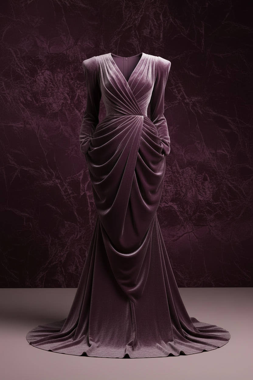 Purple velvet gown on a mannequin against a matching textured background
